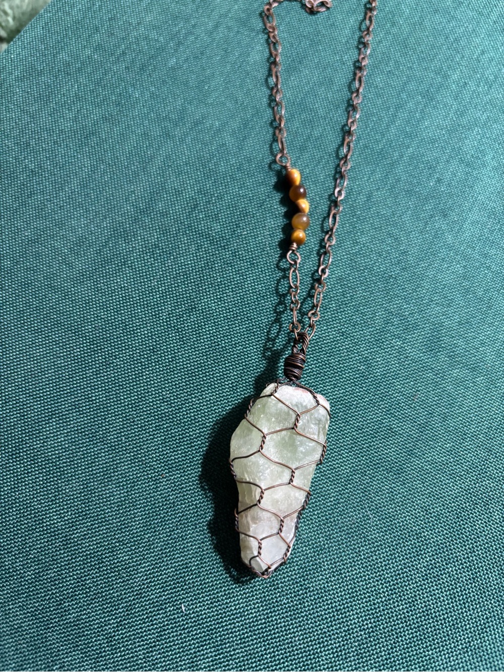 Green Calcite Crystal Wrapped Pendant Necklace Handmade